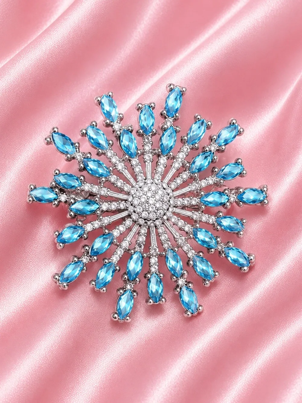 Silver Blue Crystal Starburst Brooch
